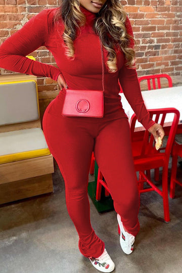Fashion Casual Solid Slit O Neck Long Sleeve Two Pieces